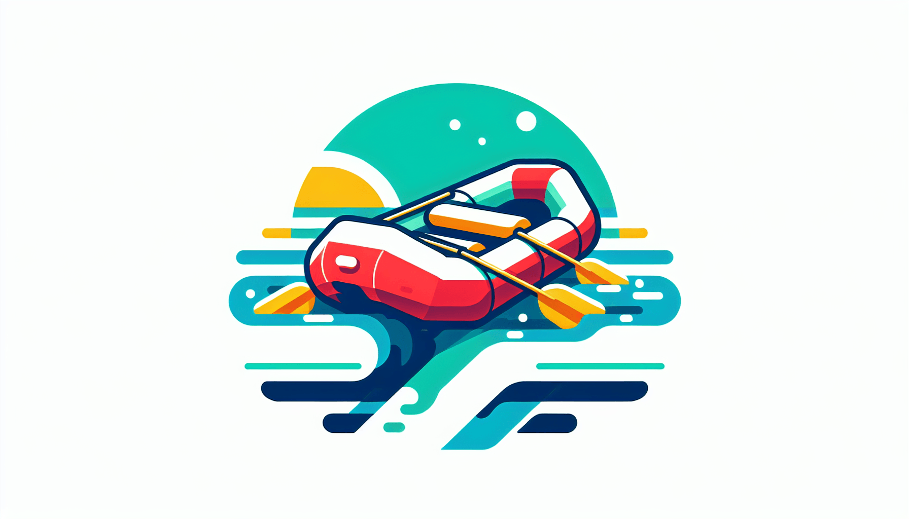 Whitewater raft in flat illustration style and white background, red #f47574, green #88c7a8, yellow #fcc44b, and blue #645bc8 colors.