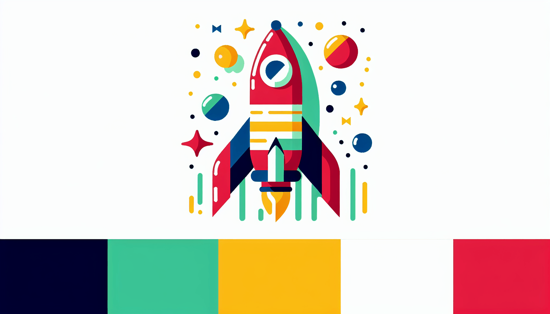 Rocket in flat illustration style and white background, red #f47574, green #88c7a8, yellow #fcc44b, and blue #645bc8 colors.