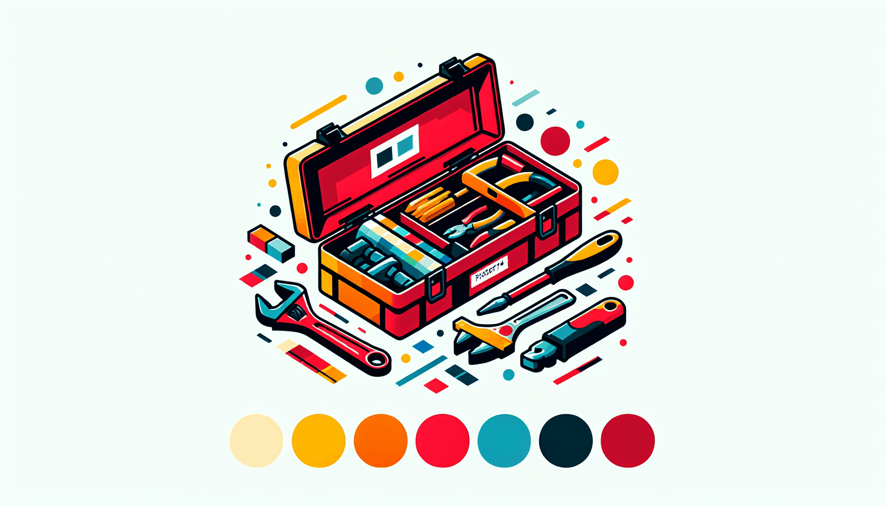 Toolbox in flat illustration style and white background, red #f47574, green #88c7a8, yellow #fcc44b, and blue #645bc8 colors.