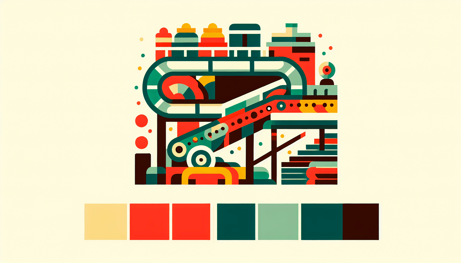 Conveyor belt in flat illustration style and white background, red #f47574, green #88c7a8, yellow #fcc44b, and blue #645bc8 colors.