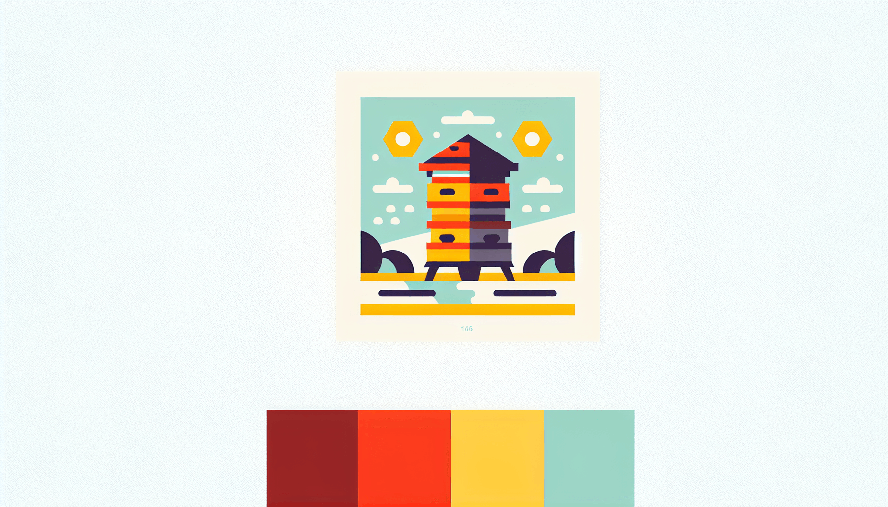 Beehive in flat illustration style and white background, red #f47574, green #88c7a8, yellow #fcc44b, and blue #645bc8 colors.