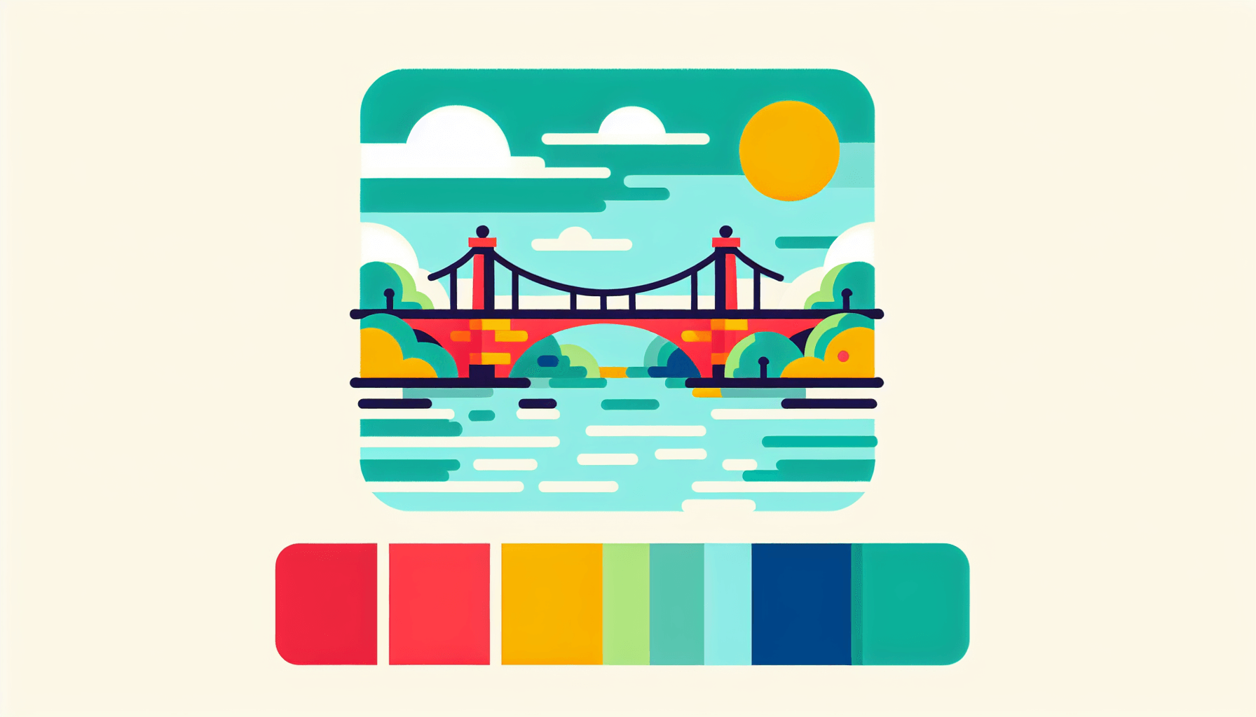 Bridge in flat illustration style and white background, red #f47574, green #88c7a8, yellow #fcc44b, and blue #645bc8 colors.