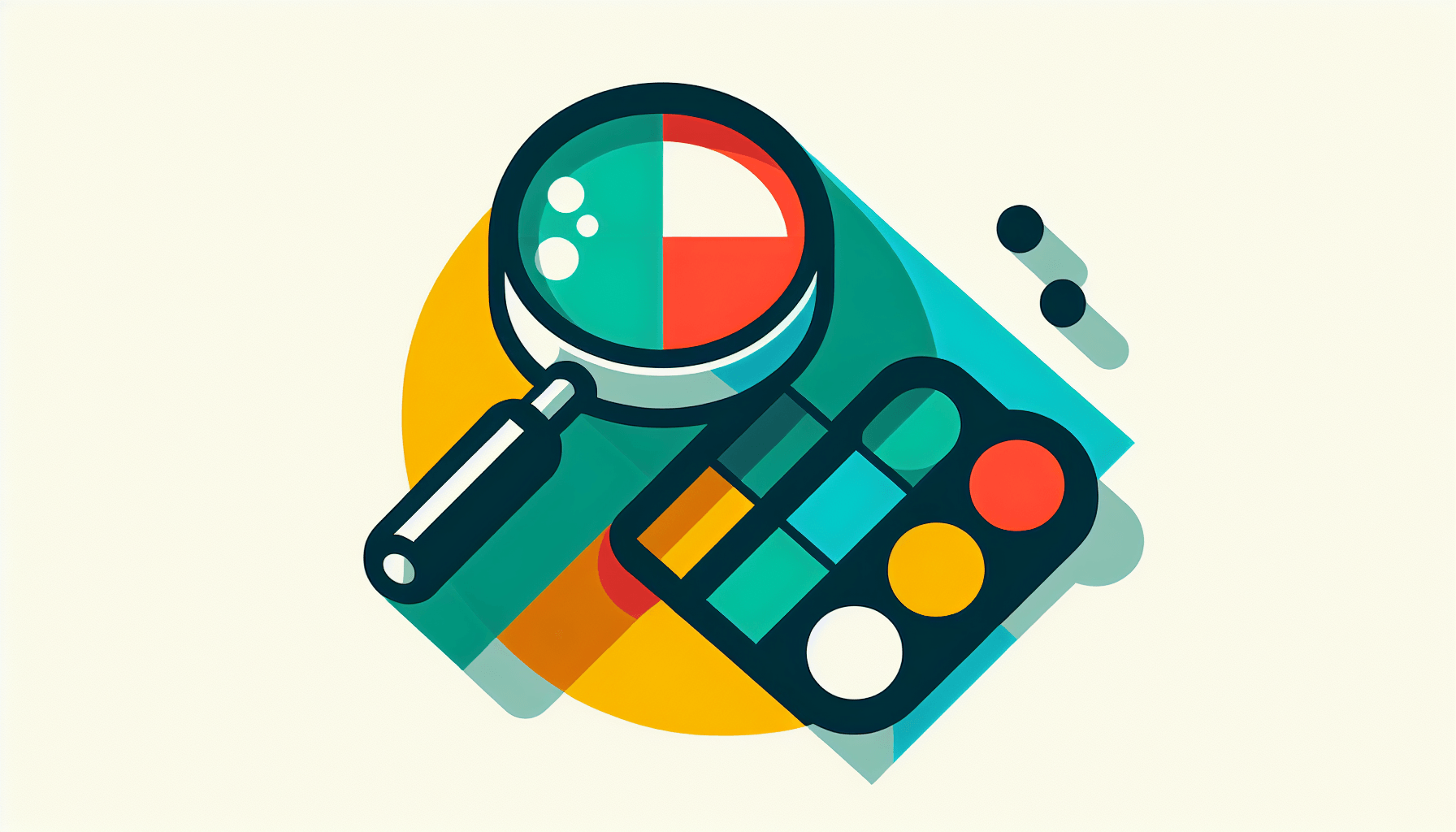 Magnifying glass in flat illustration style and white background, red #f47574, green #88c7a8, yellow #fcc44b, and blue #645bc8 colors.