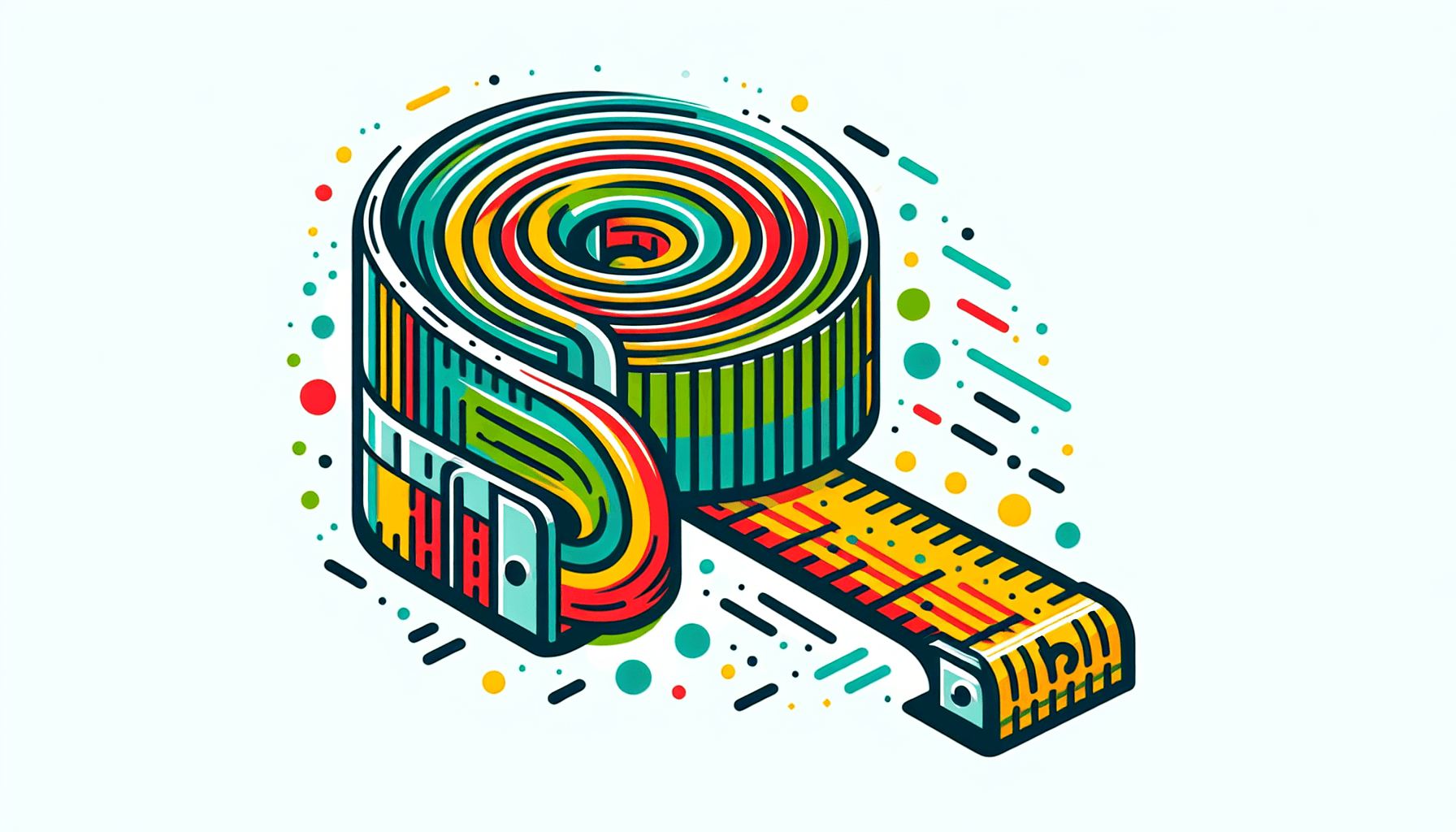 Measuring tape in flat illustration style and white background, red #f47574, green #88c7a8, yellow #fcc44b, and blue #645bc8 colors.
