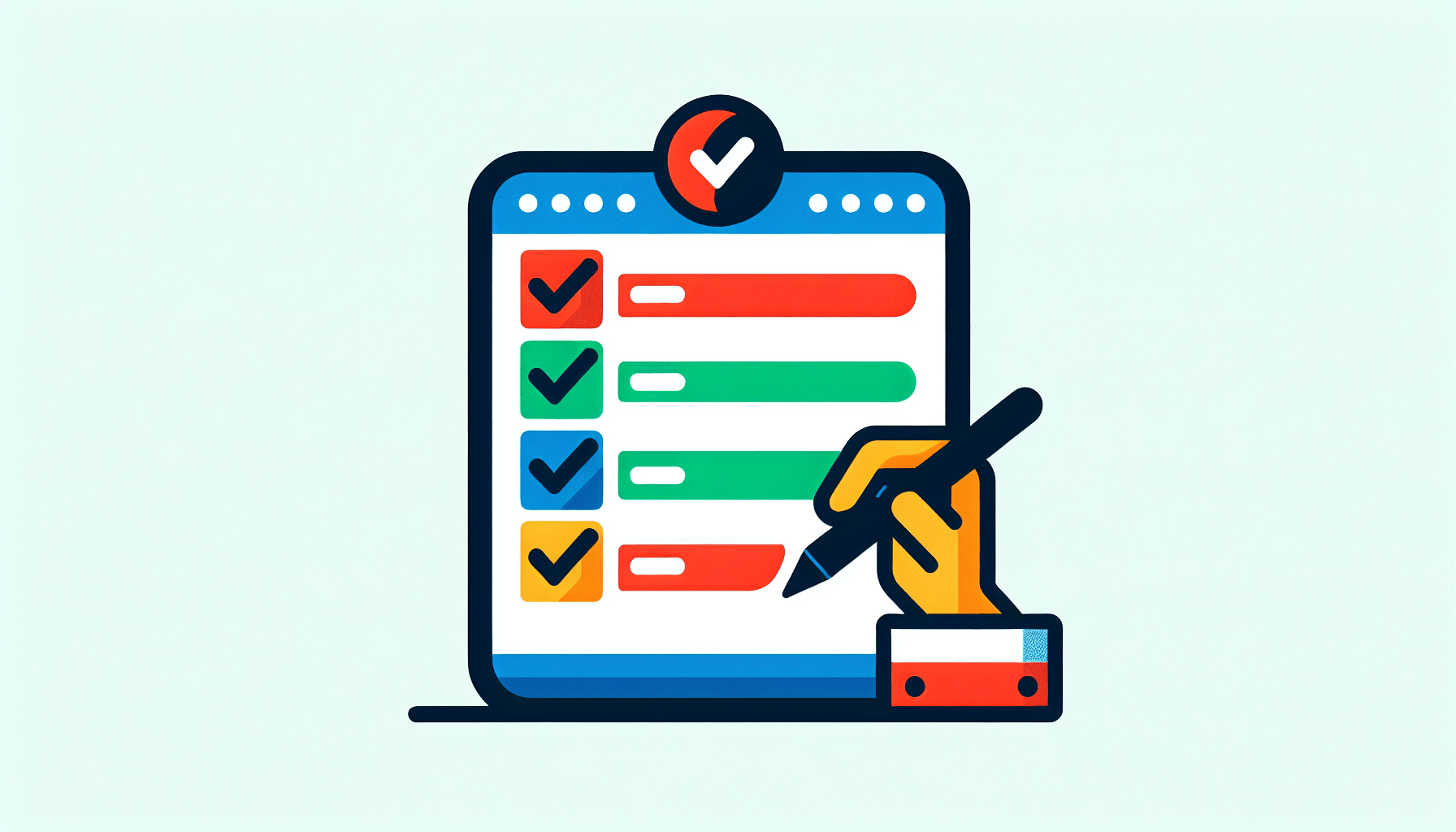 Checklist in flat illustration style and white background, red #f47574, green #88c7a8, yellow #fcc44b, and blue #645bc8 colors.