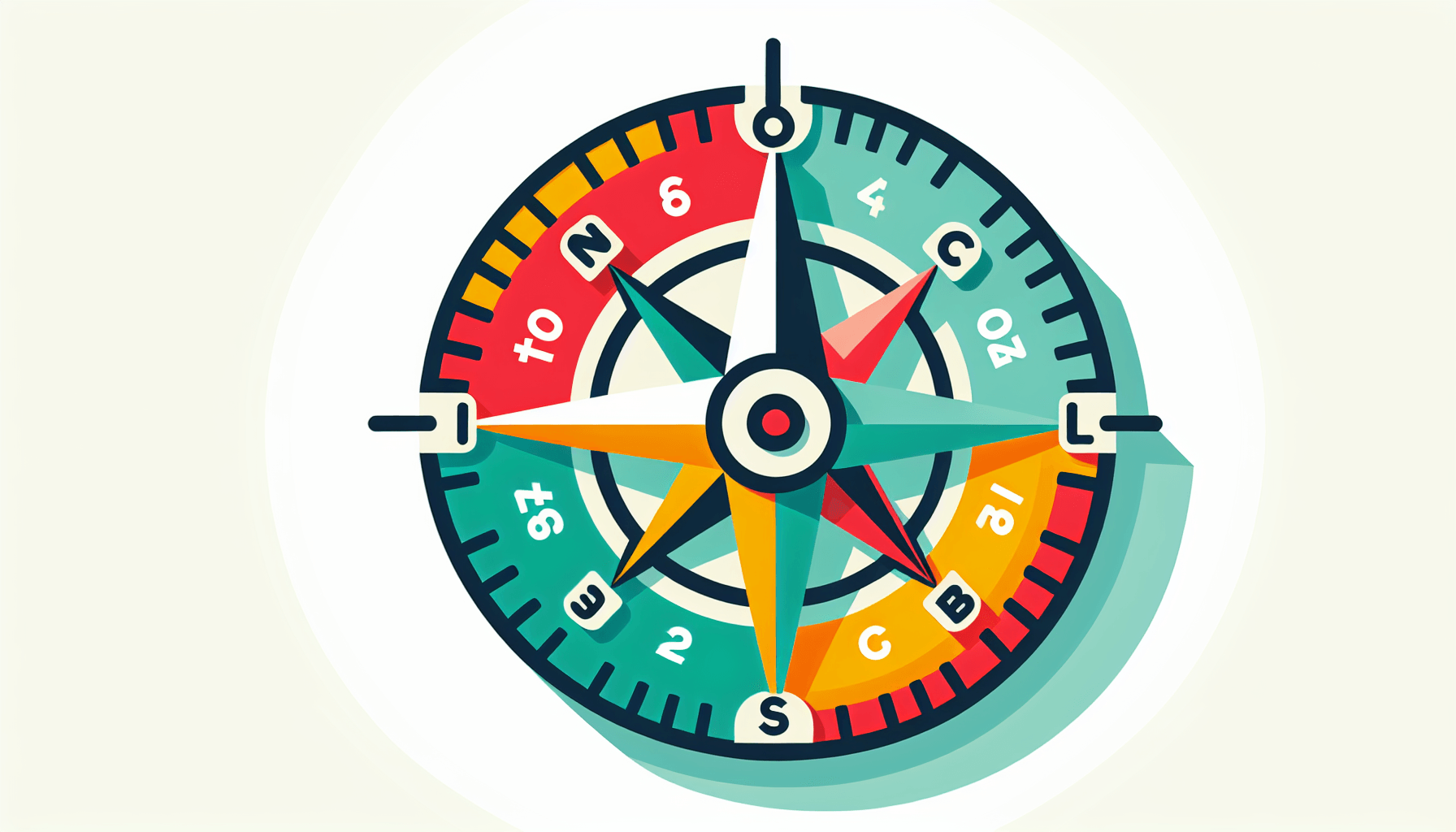 Compass in flat illustration style and white background, red #f47574, green #88c7a8, yellow #fcc44b, and blue #645bc8 colors.