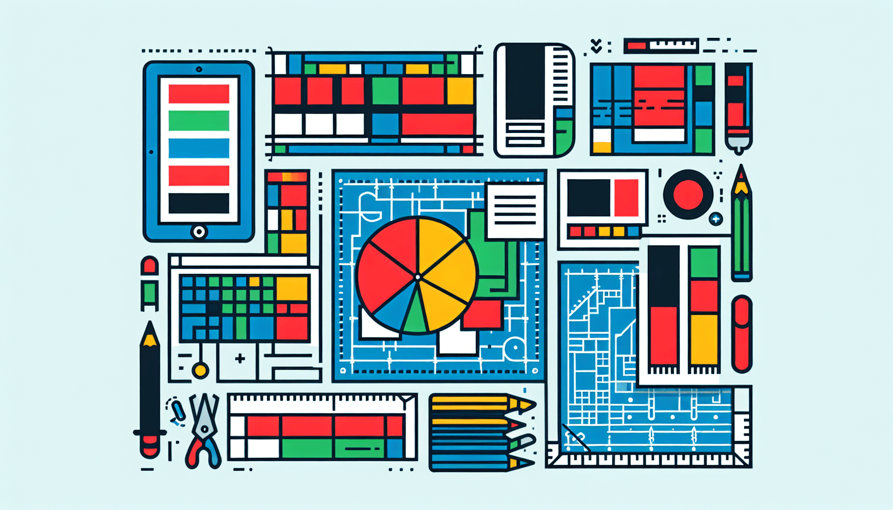 Blueprint in flat illustration style and white background, red #f47574, green #88c7a8, yellow #fcc44b, and blue #645bc8 colors.
