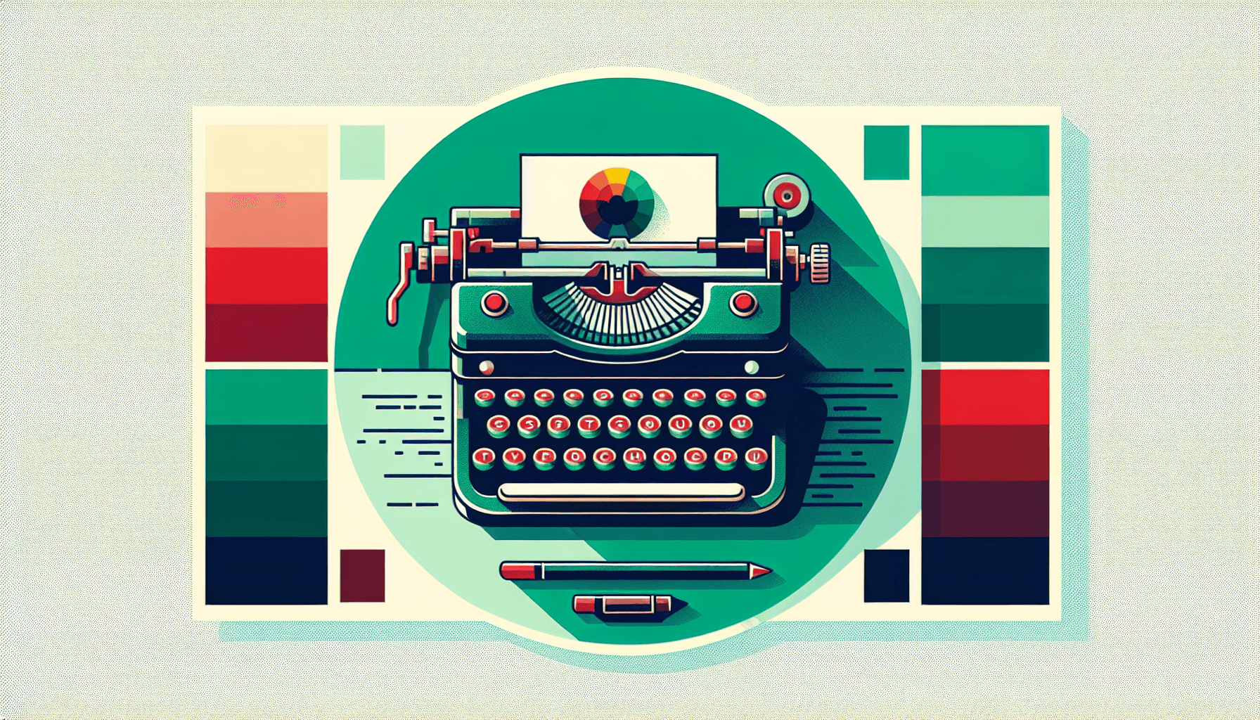 Typewriter in flat illustration style and white background, red #f47574, green #88c7a8, yellow #fcc44b, and blue #645bc8 colors.