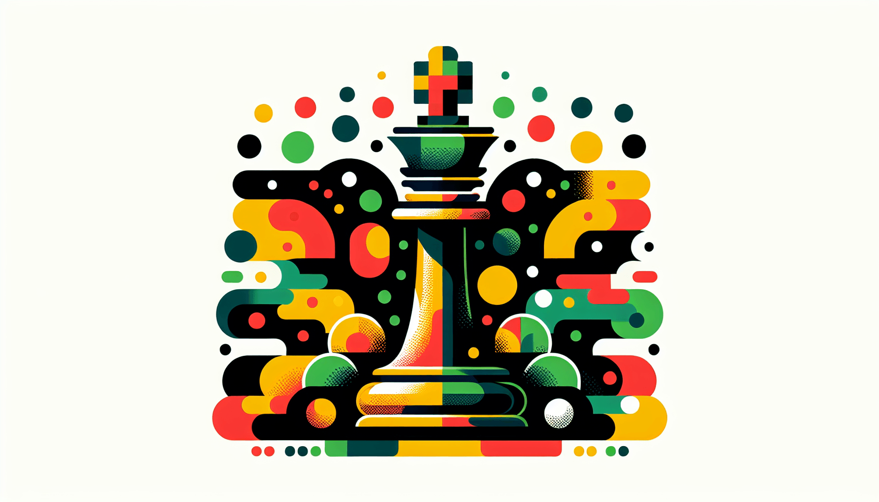 Chess piece in flat illustration style and white background, red #f47574, green #88c7a8, yellow #fcc44b, and blue #645bc8 colors.