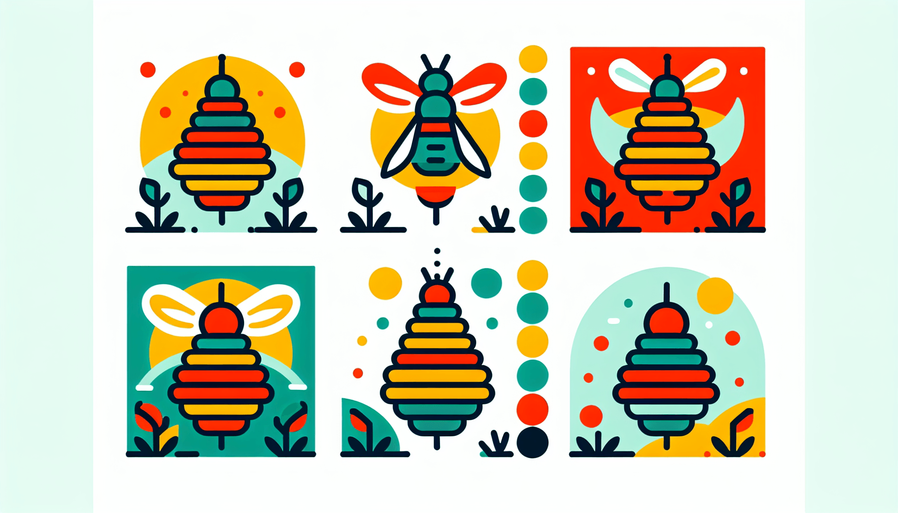Beehive in flat illustration style and white background, red #f47574, green #88c7a8, yellow #fcc44b, and blue #645bc8 colors.