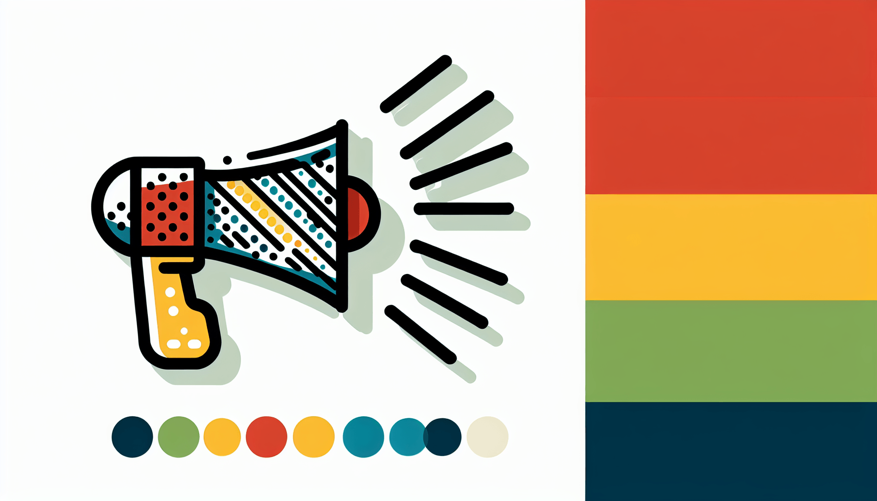 Megaphone in flat illustration style and white background, red #f47574, green #88c7a8, yellow #fcc44b, and blue #645bc8 colors.