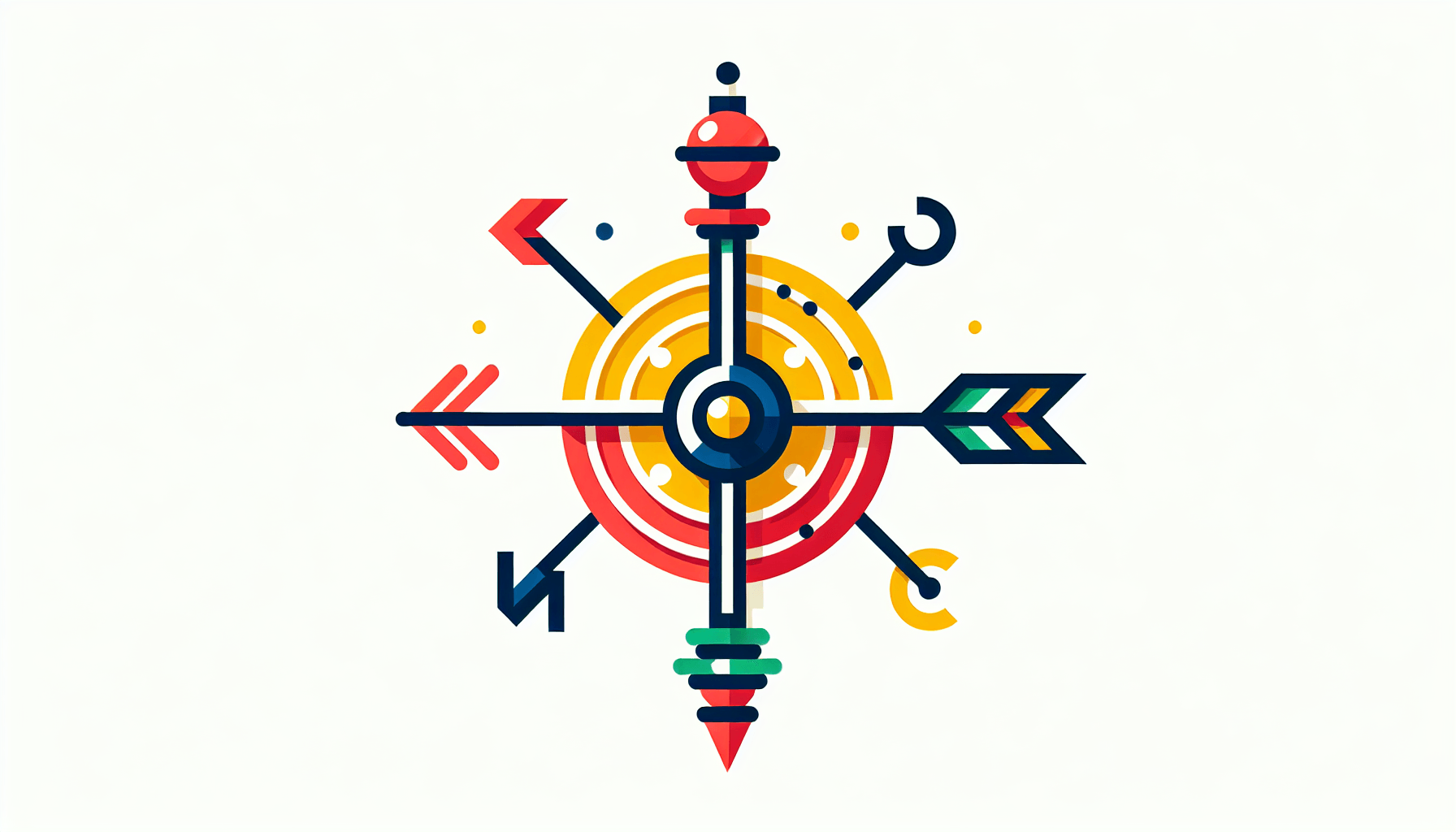Weather vane in flat illustration style and white background, red #f47574, green #88c7a8, yellow #fcc44b, and blue #645bc8 colors.