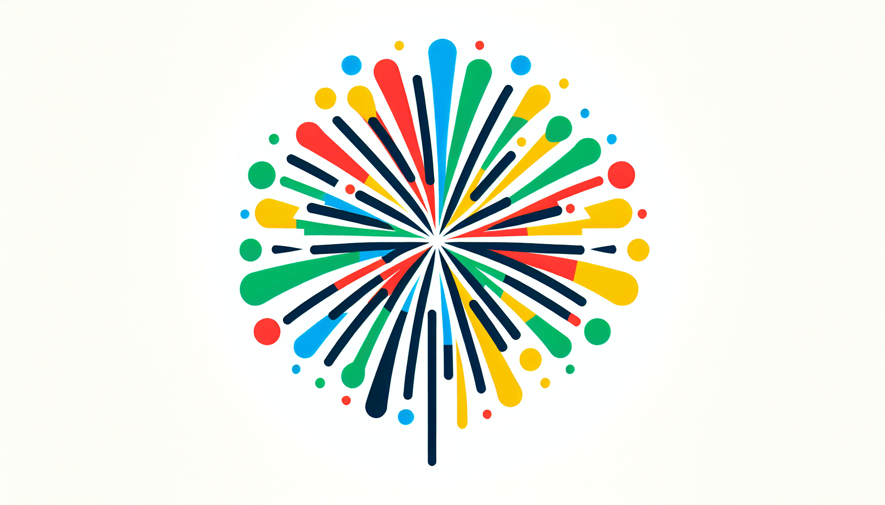 Firework in flat illustration style and white background, red #f47574, green #88c7a8, yellow #fcc44b, and blue #645bc8 colors.
