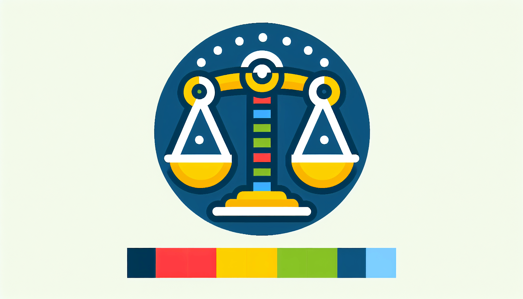 Balance scale in flat illustration style and white background, red #f47574, green #88c7a8, yellow #fcc44b, and blue #645bc8 colors.