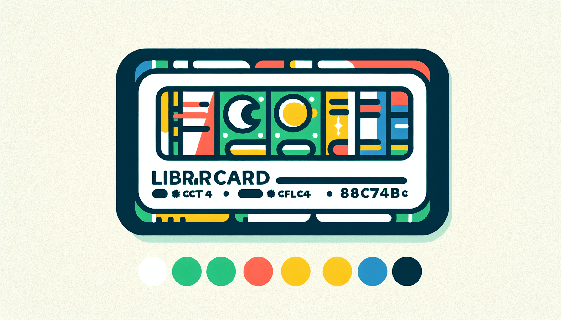 Library card in flat illustration style and white background, red #f47574, green #88c7a8, yellow #fcc44b, and blue #645bc8 colors.