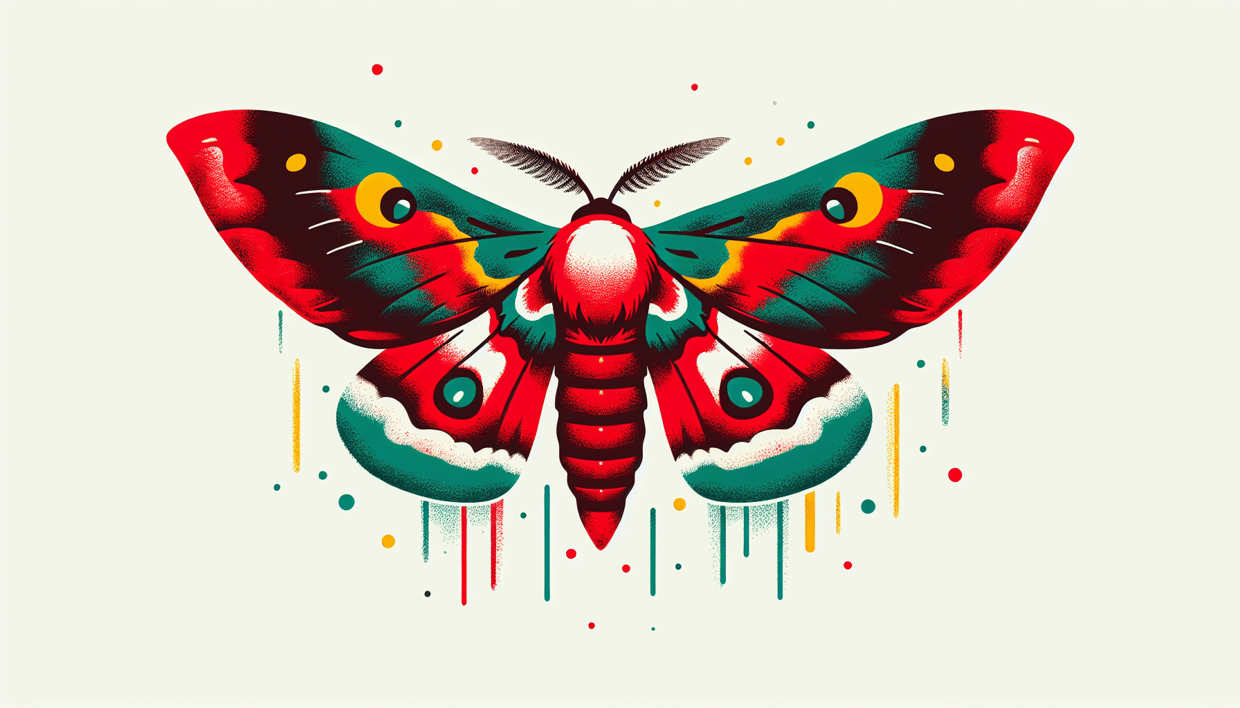Moth in flat illustration style and white background, red #f47574, green #88c7a8, yellow #fcc44b, and blue #645bc8 colors.
