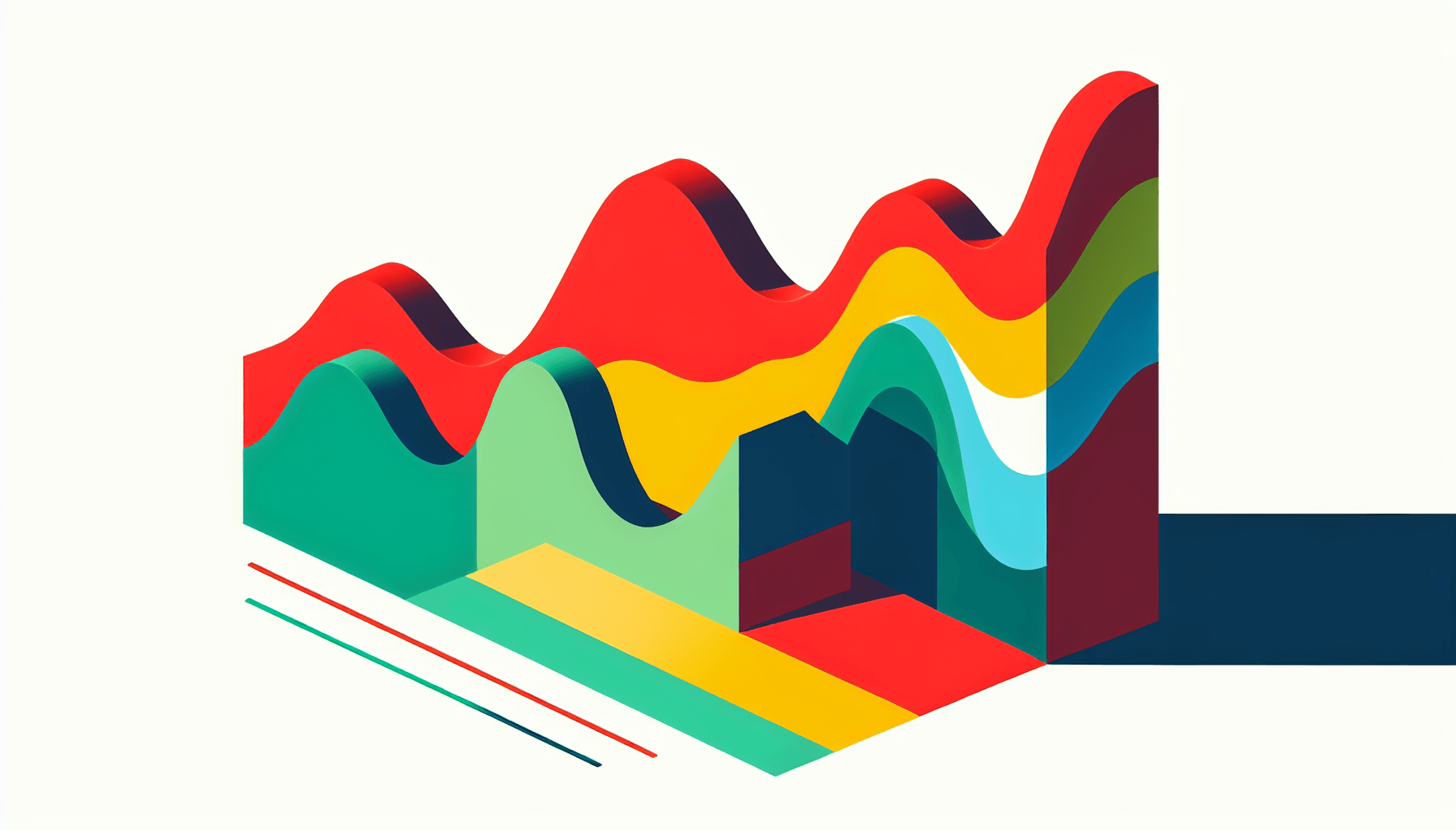 Trend graph in flat illustration style and white background, red #f47574, green #88c7a8, yellow #fcc44b, and blue #645bc8 colors.
