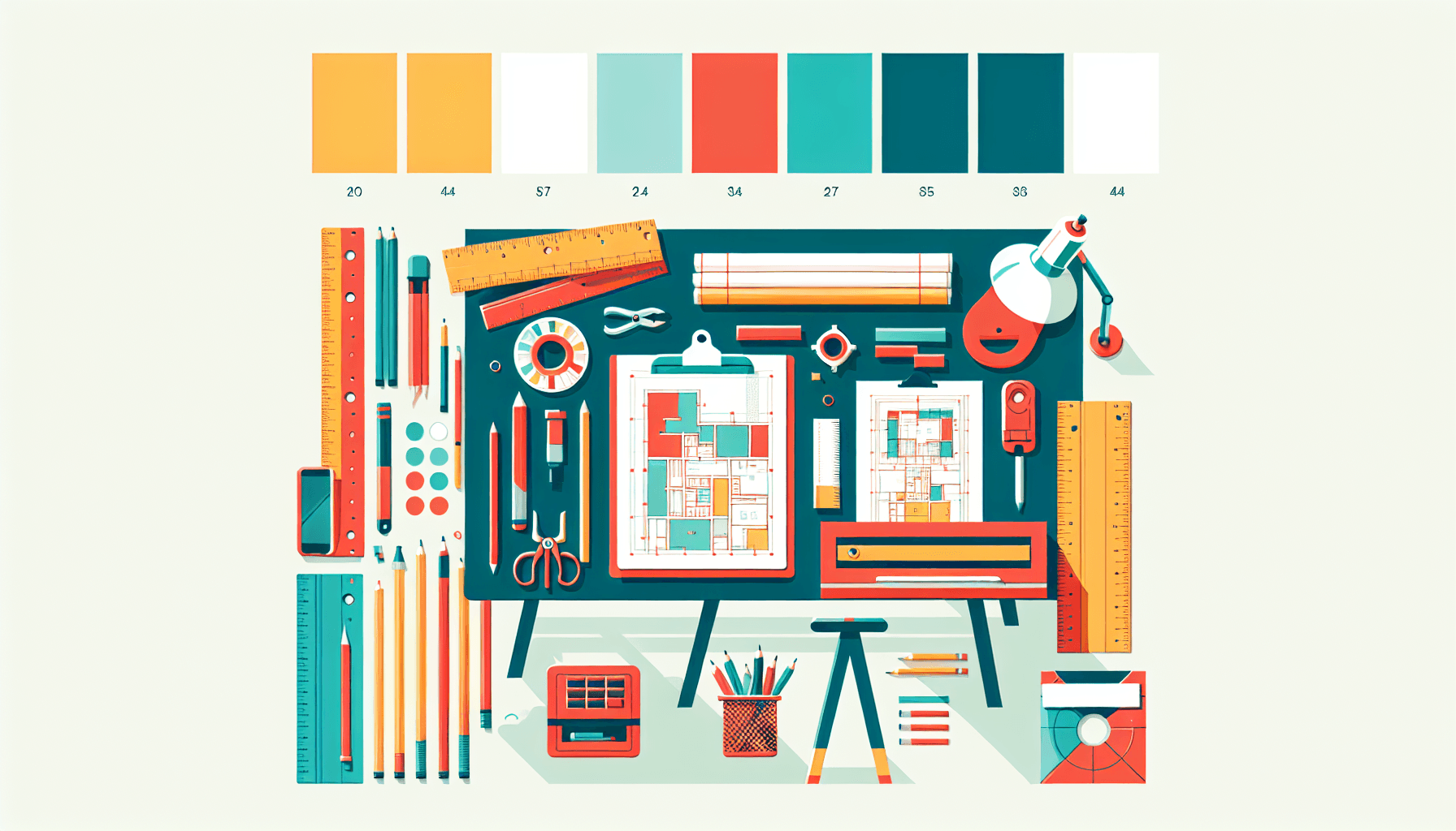 Architect's table in flat illustration style and white background, red #f47574, green #88c7a8, yellow #fcc44b, and blue #645bc8 colors.