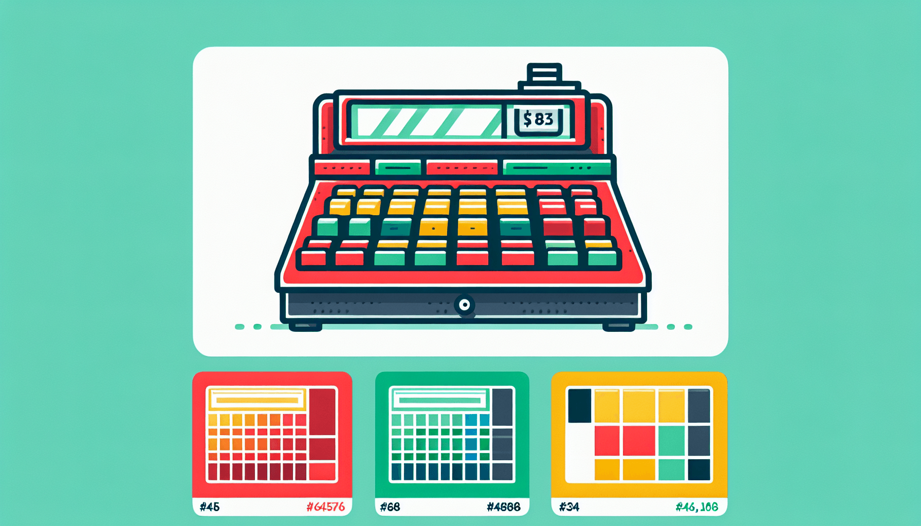 Cash register in flat illustration style and white background, red #f47574, green #88c7a8, yellow #fcc44b, and blue #645bc8 colors.
