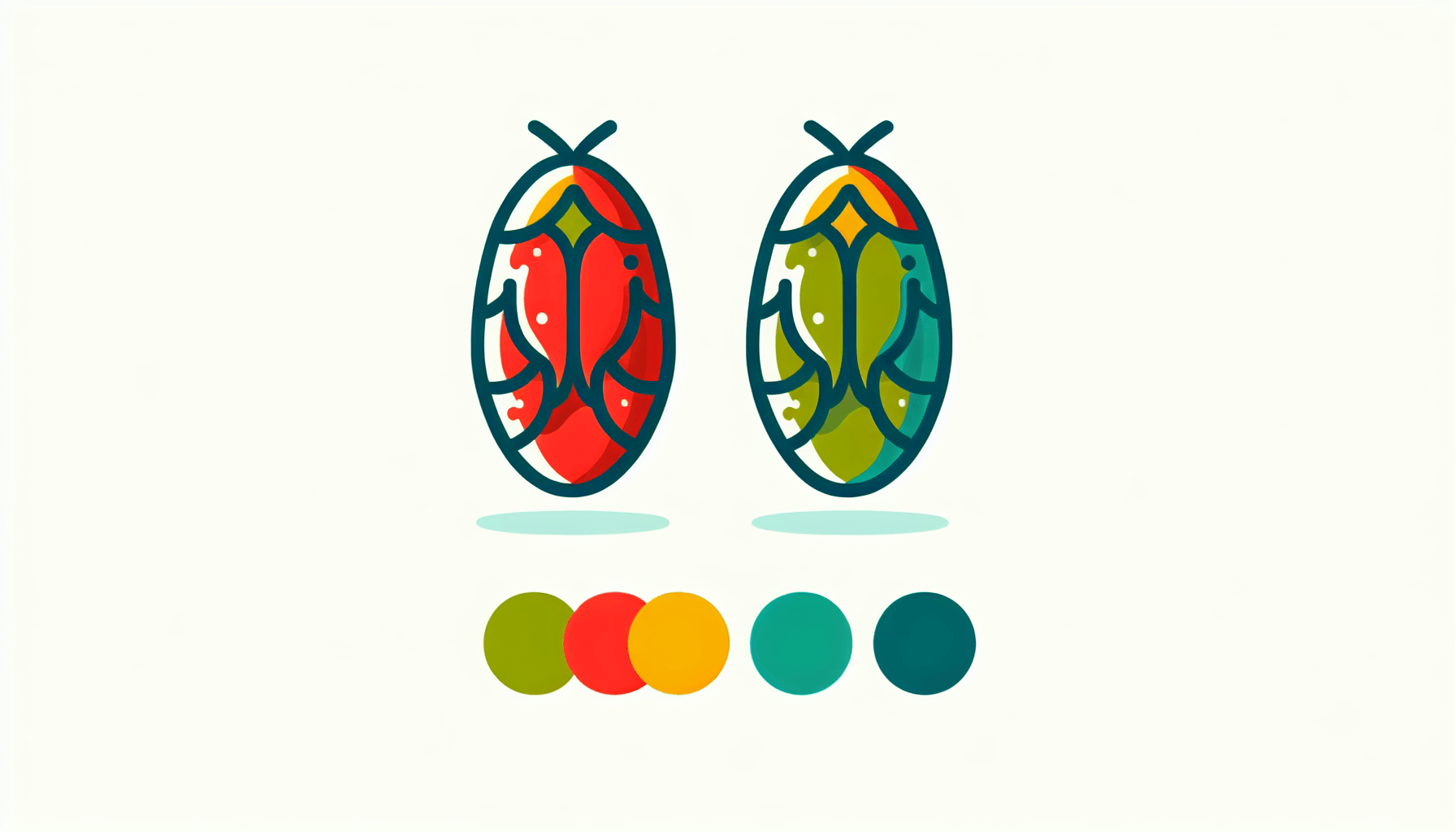 Chrysalis in flat illustration style and white background, red #f47574, green #88c7a8, yellow #fcc44b, and blue #645bc8 colors.