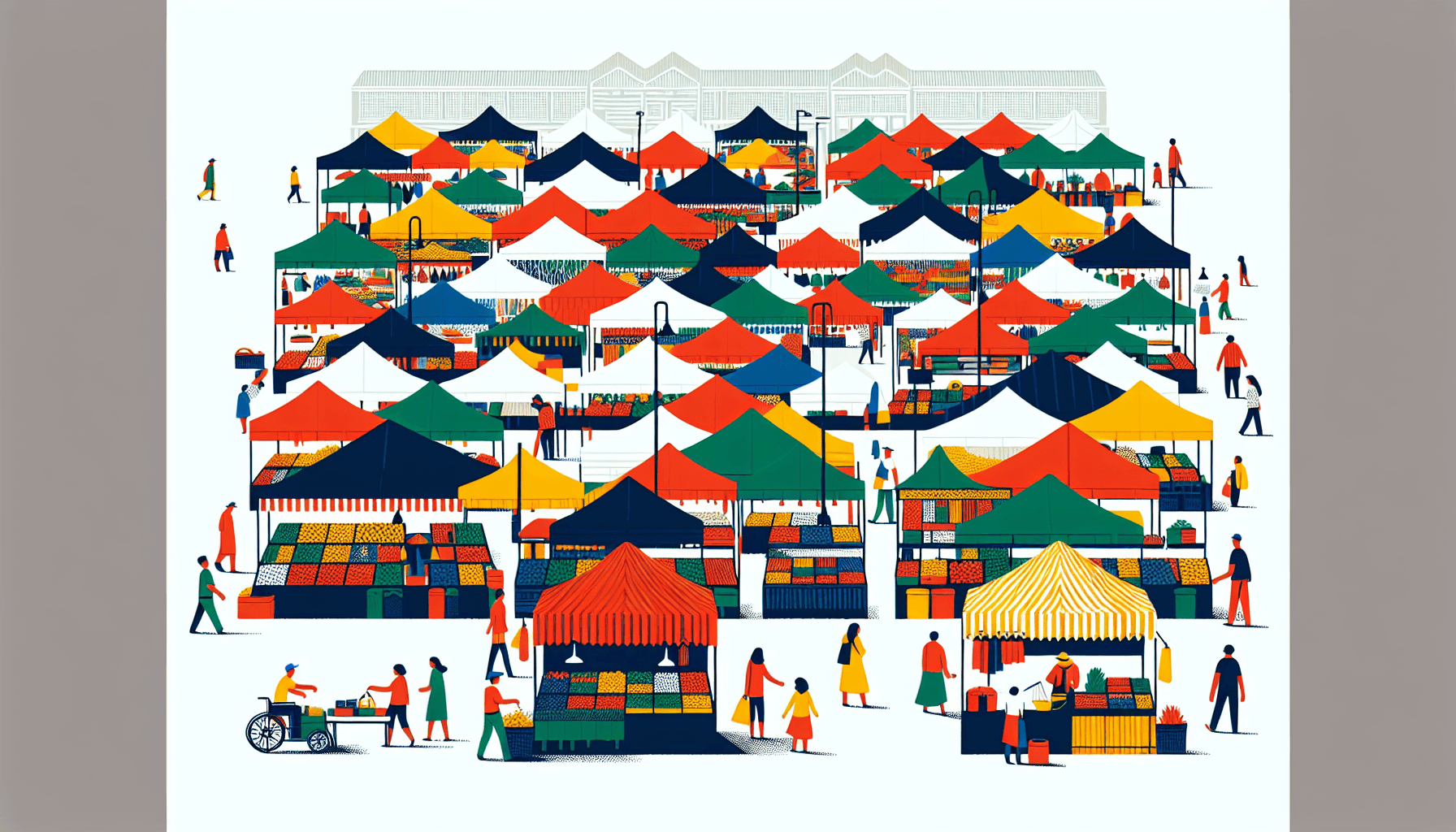 Marketplace in flat illustration style and white background, red #f47574, green #88c7a8, yellow #fcc44b, and blue #645bc8 colors.
