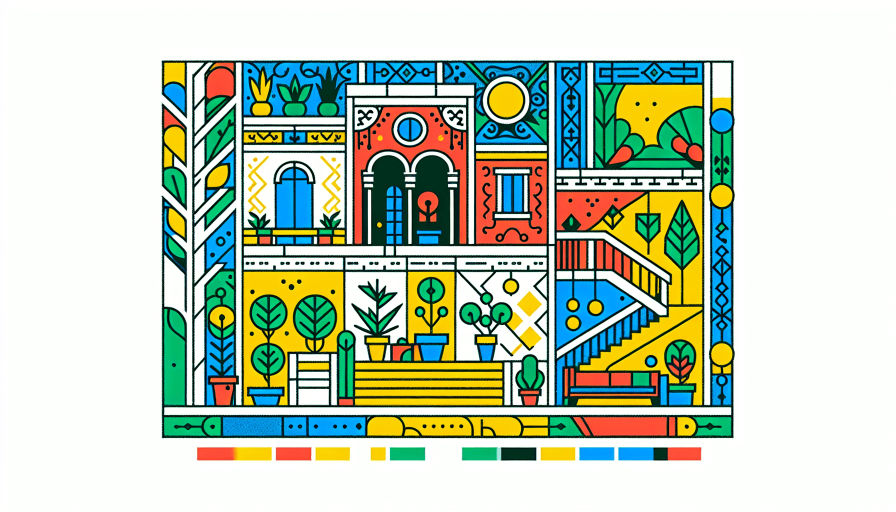 Blueprint in flat illustration style and white background, red #f47574, green #88c7a8, yellow #fcc44b, and blue #645bc8 colors.