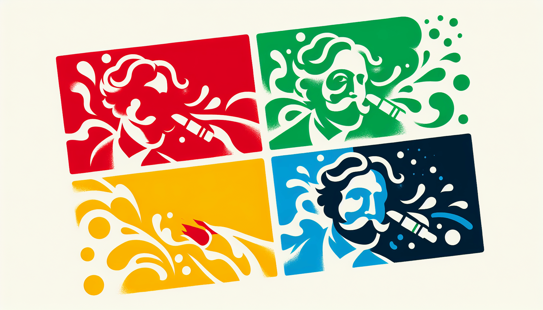 Stencil in flat illustration style and white background, red #f47574, green #88c7a8, yellow #fcc44b, and blue #645bc8 colors.