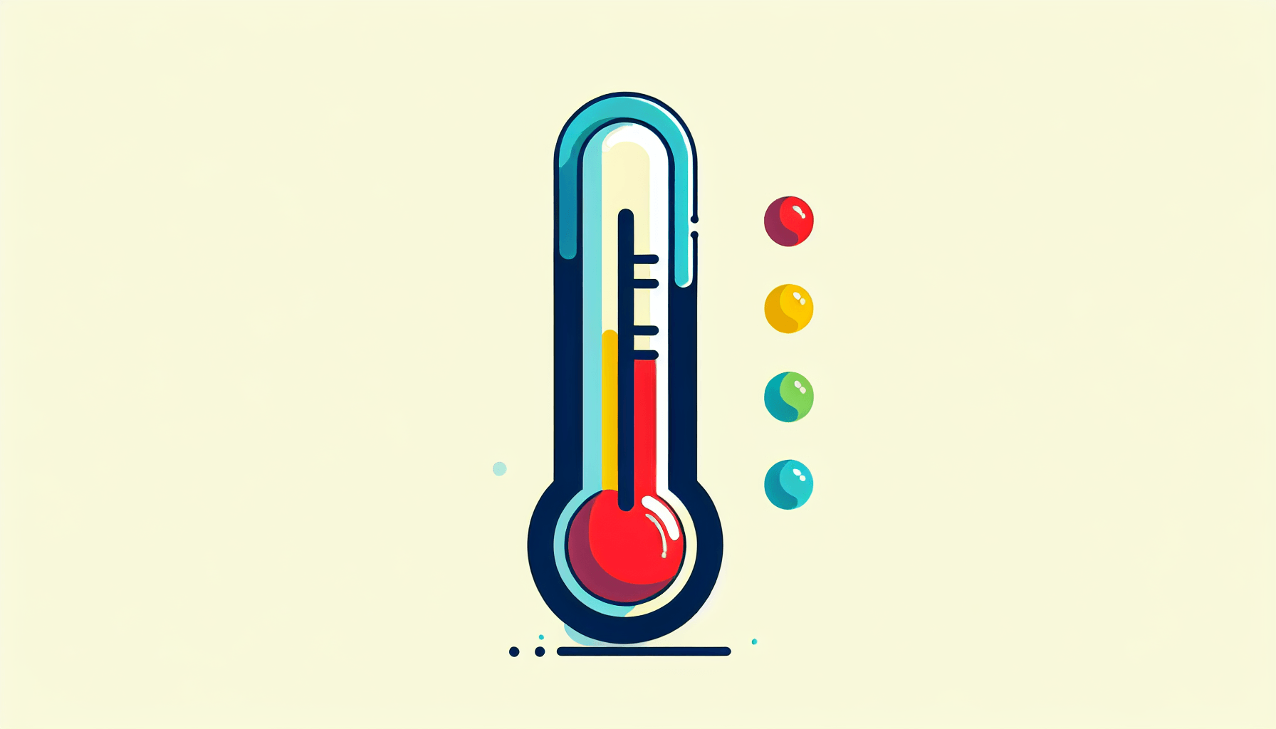 Thermometer in flat illustration style and white background, red #f47574, green #88c7a8, yellow #fcc44b, and blue #645bc8 colors.