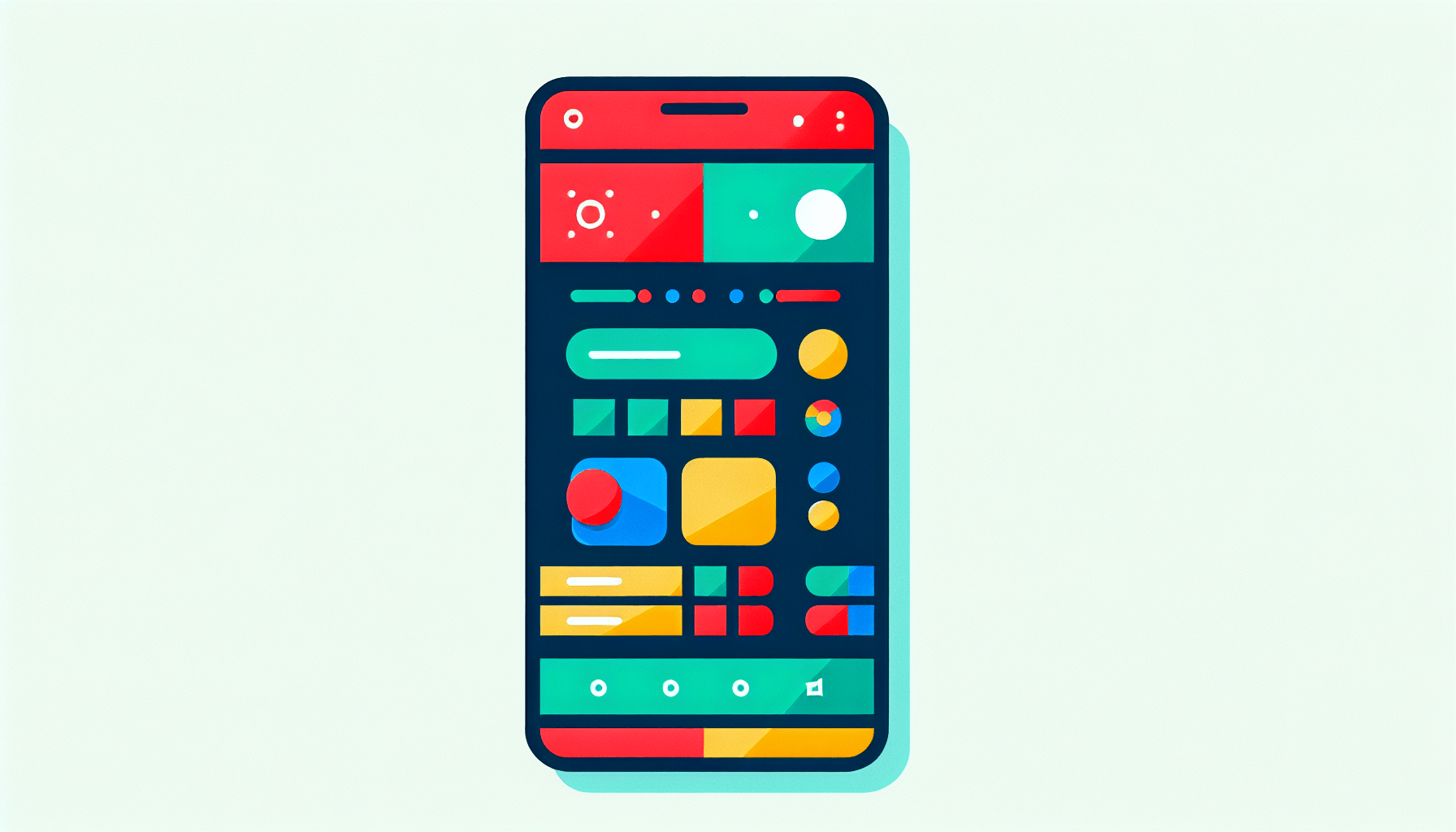 Smartphone in flat illustration style and white background, red #f47574, green #88c7a8, yellow #fcc44b, and blue #645bc8 colors.