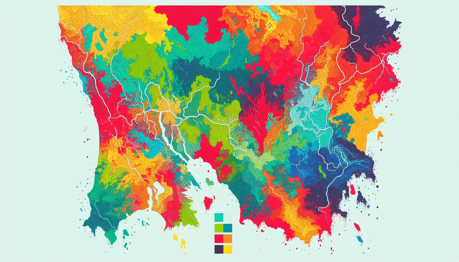 Map in flat illustration style and white background, red #f47574, green #88c7a8, yellow #fcc44b, and blue #645bc8 colors.