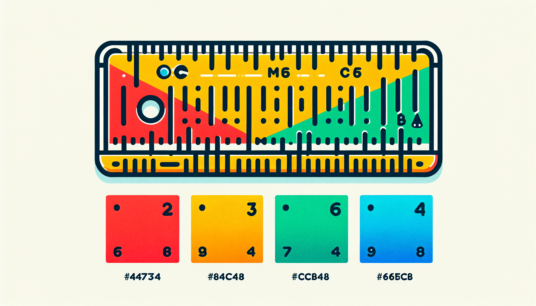 Ruler in flat illustration style and white background, red #f47574, green #88c7a8, yellow #fcc44b, and blue #645bc8 colors.