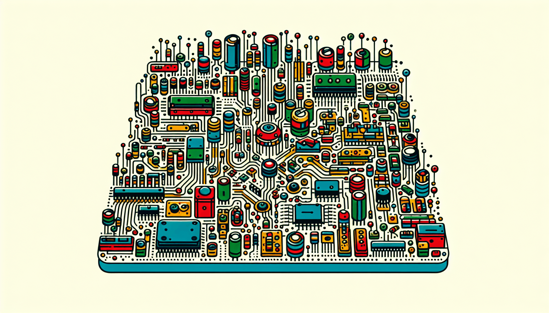 Circuit board in flat illustration style and white background, red #f47574, green #88c7a8, yellow #fcc44b, and blue #645bc8 colors.