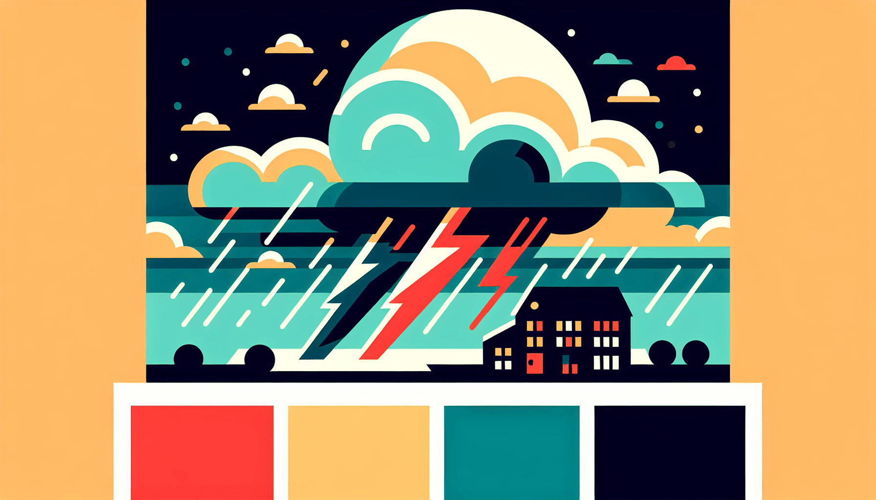 Storm in flat illustration style and white background, red #f47574, green #88c7a8, yellow #fcc44b, and blue #645bc8 colors.