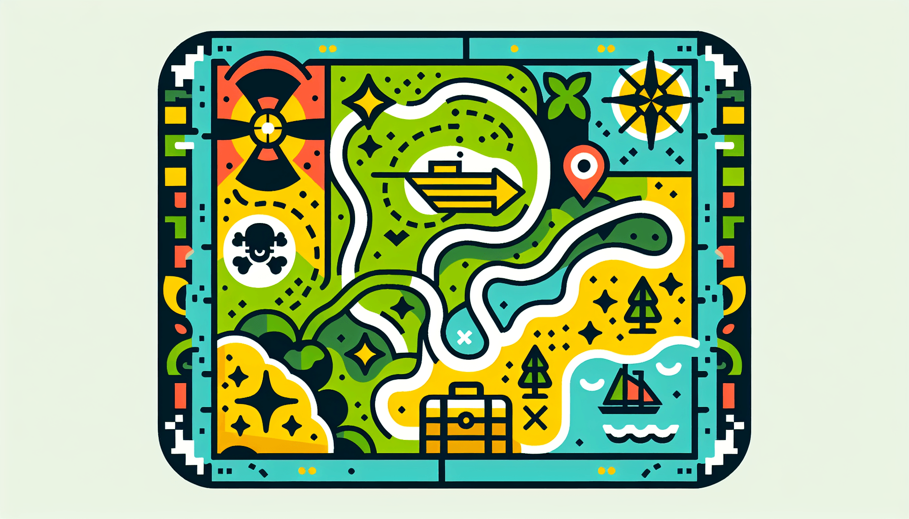 Treasure map in flat illustration style and white background, red #f47574, green #88c7a8, yellow #fcc44b, and blue #645bc8 colors.