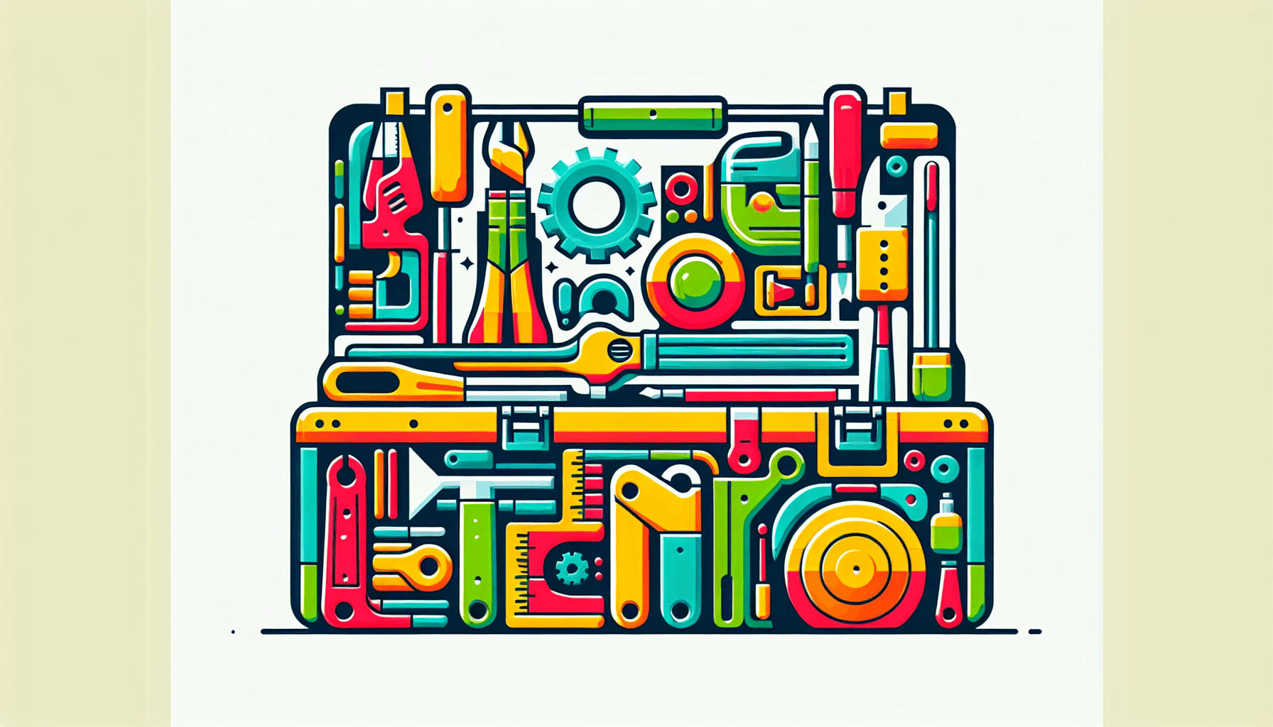 Toolbox in flat illustration style and white background, red #f47574, green #88c7a8, yellow #fcc44b, and blue #645bc8 colors.