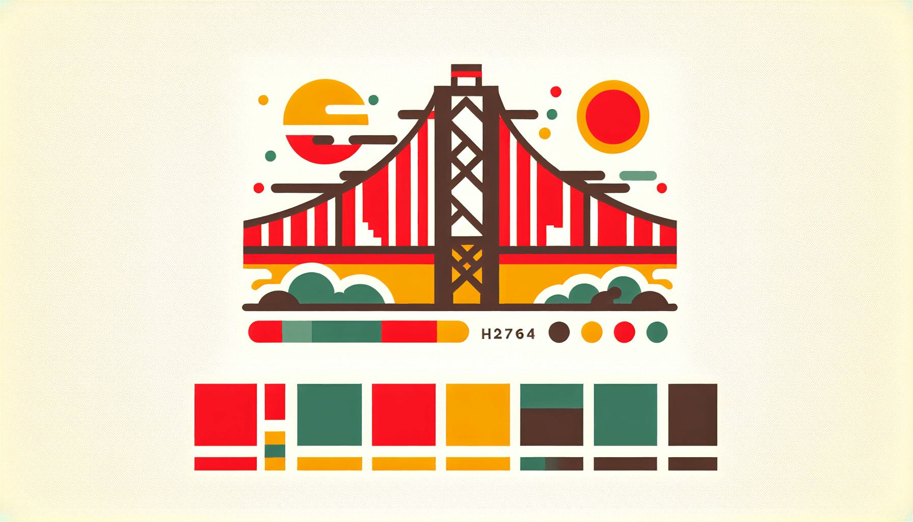 Bridge in flat illustration style and white background, red #f47574, green #88c7a8, yellow #fcc44b, and blue #645bc8 colors.