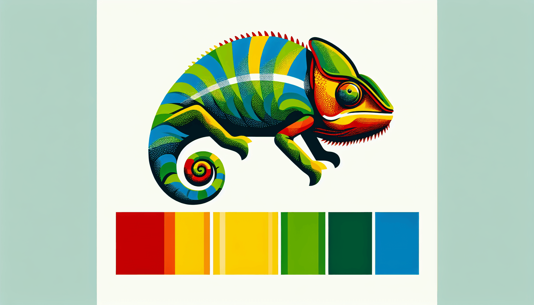 Chameleon in flat illustration style and white background, red #f47574, green #88c7a8, yellow #fcc44b, and blue #645bc8 colors.