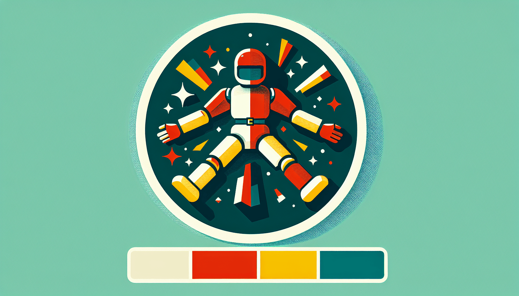 Crash dummy in flat illustration style and white background, red #f47574, green #88c7a8, yellow #fcc44b, and blue #645bc8 colors.