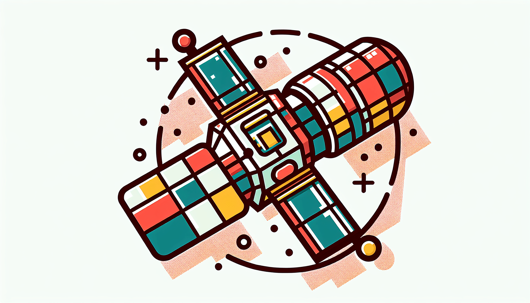 Satellite in flat illustration style and white background, red #f47574, green #88c7a8, yellow #fcc44b, and blue #645bc8 colors.