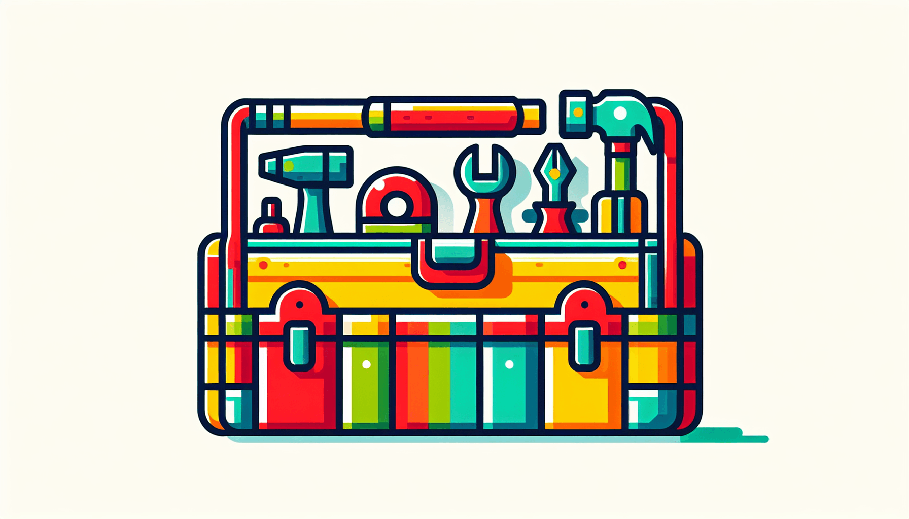Toolbox in flat illustration style and white background, red #f47574, green #88c7a8, yellow #fcc44b, and blue #645bc8 colors.