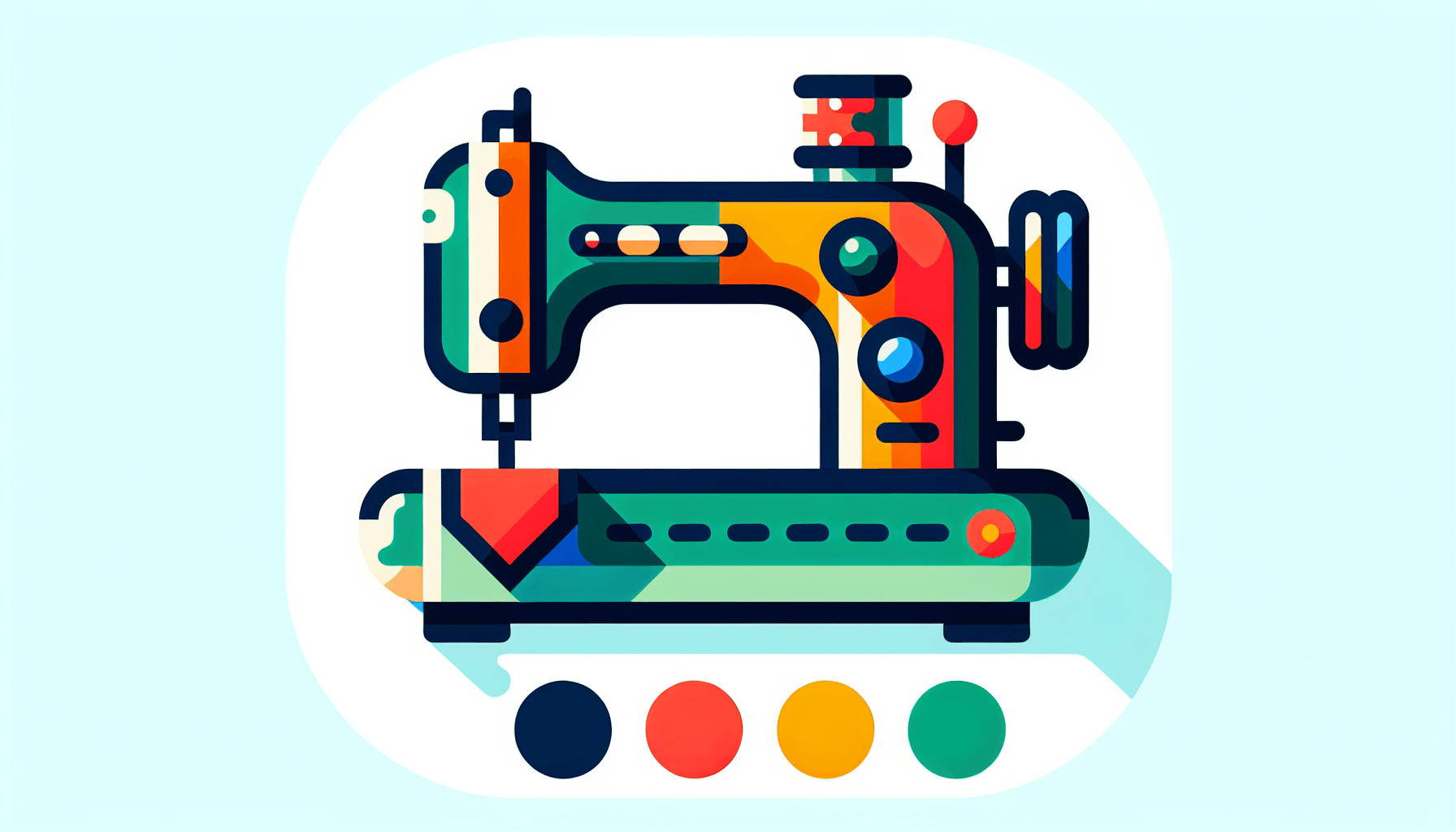 Sewing machine in flat illustration style and white background, red #f47574, green #88c7a8, yellow #fcc44b, and blue #645bc8 colors.