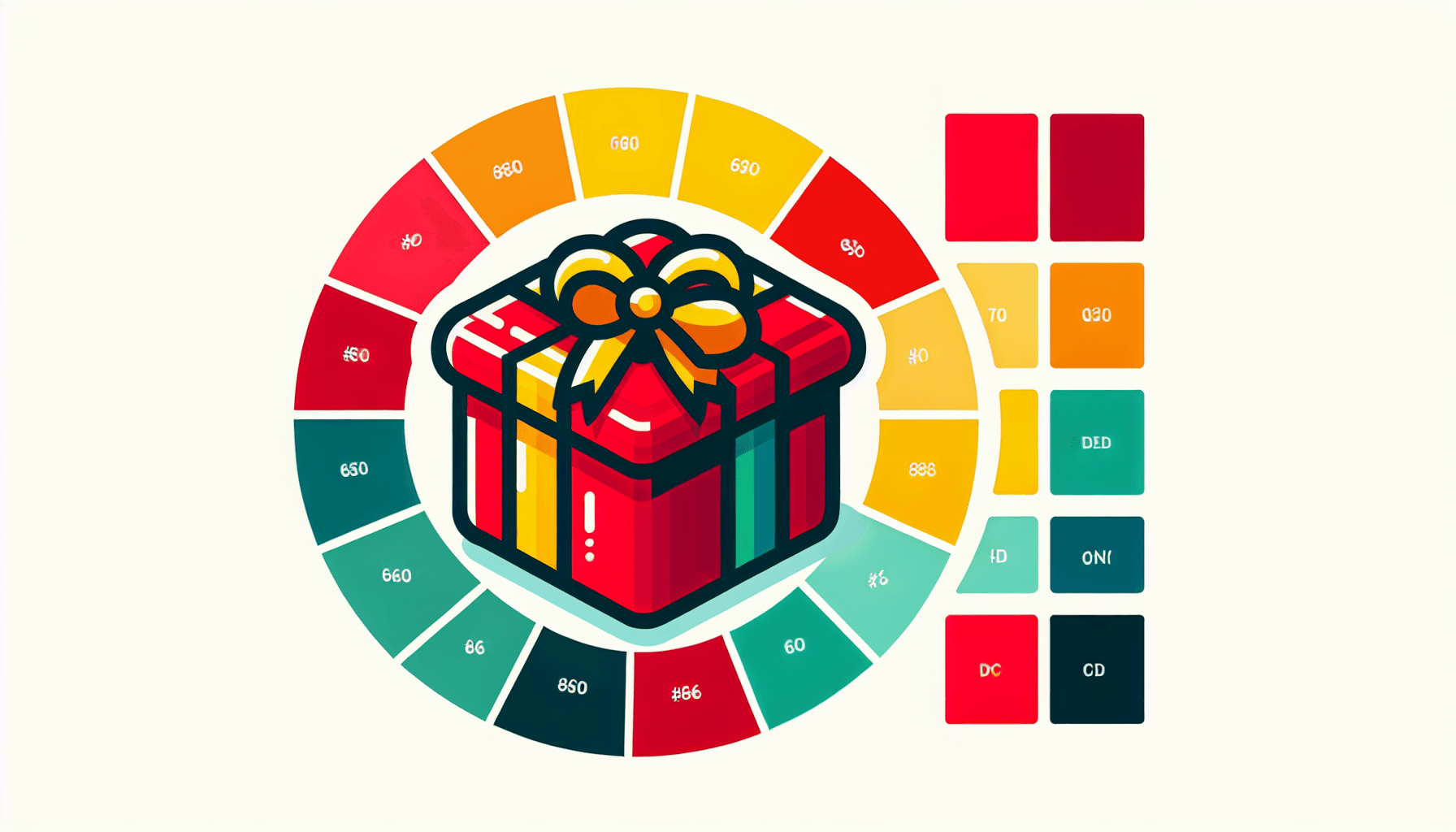 Gift in flat illustration style and white background, red #f47574, green #88c7a8, yellow #fcc44b, and blue #645bc8 colors.