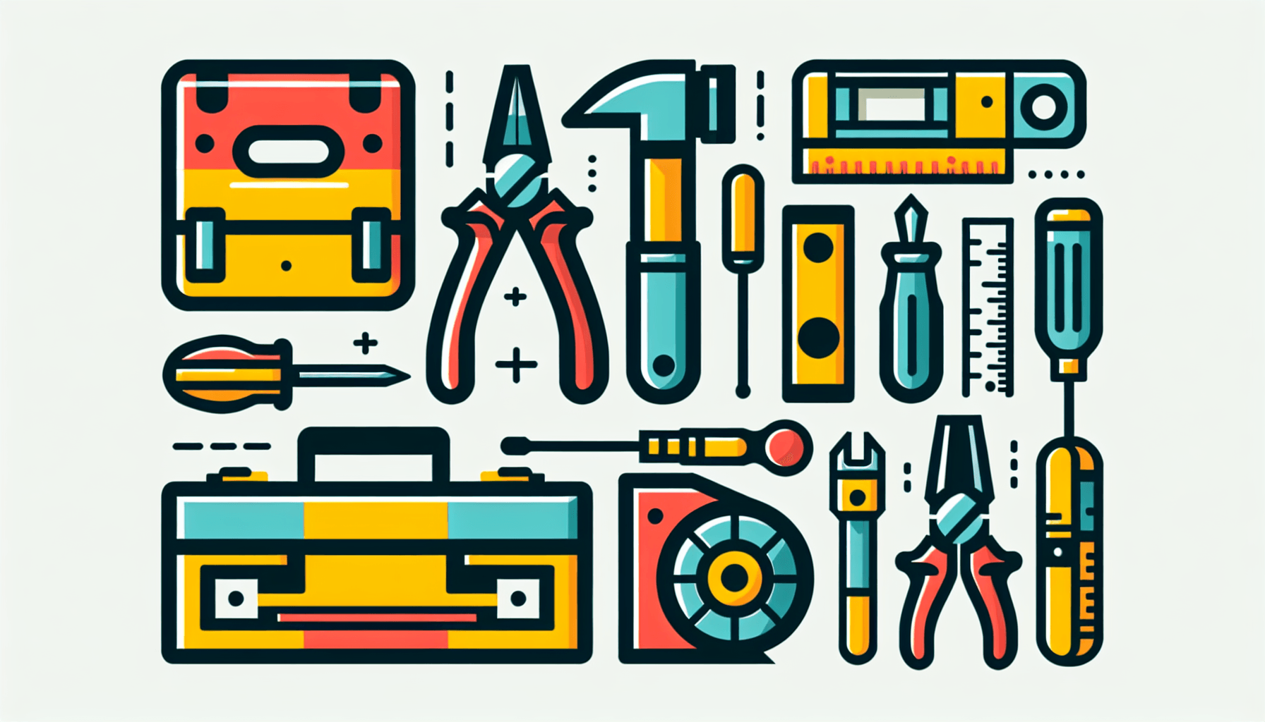 Toolkit in flat illustration style and white background, red #f47574, green #88c7a8, yellow #fcc44b, and blue #645bc8 colors.