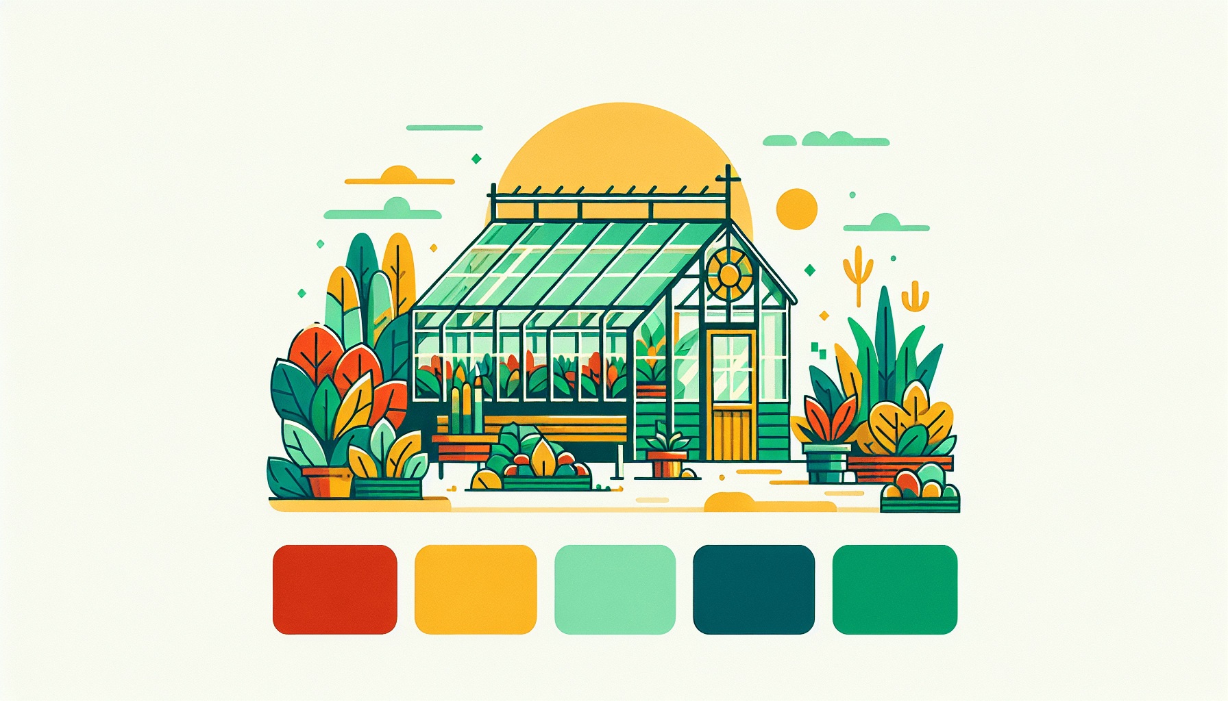 Greenhouse in flat illustration style and white background, red #f47574, green #88c7a8, yellow #fcc44b, and blue #645bc8 colors.