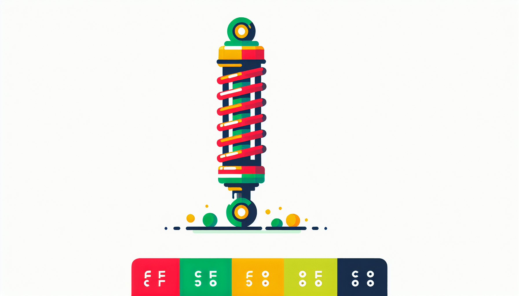 Shock absorber in flat illustration style and white background, red #f47574, green #88c7a8, yellow #fcc44b, and blue #645bc8 colors.