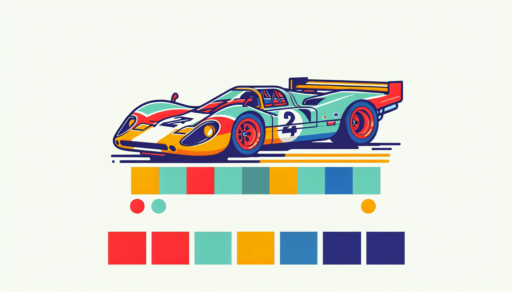 Race car in flat illustration style and white background, red #f47574, green #88c7a8, yellow #fcc44b, and blue #645bc8 colors.