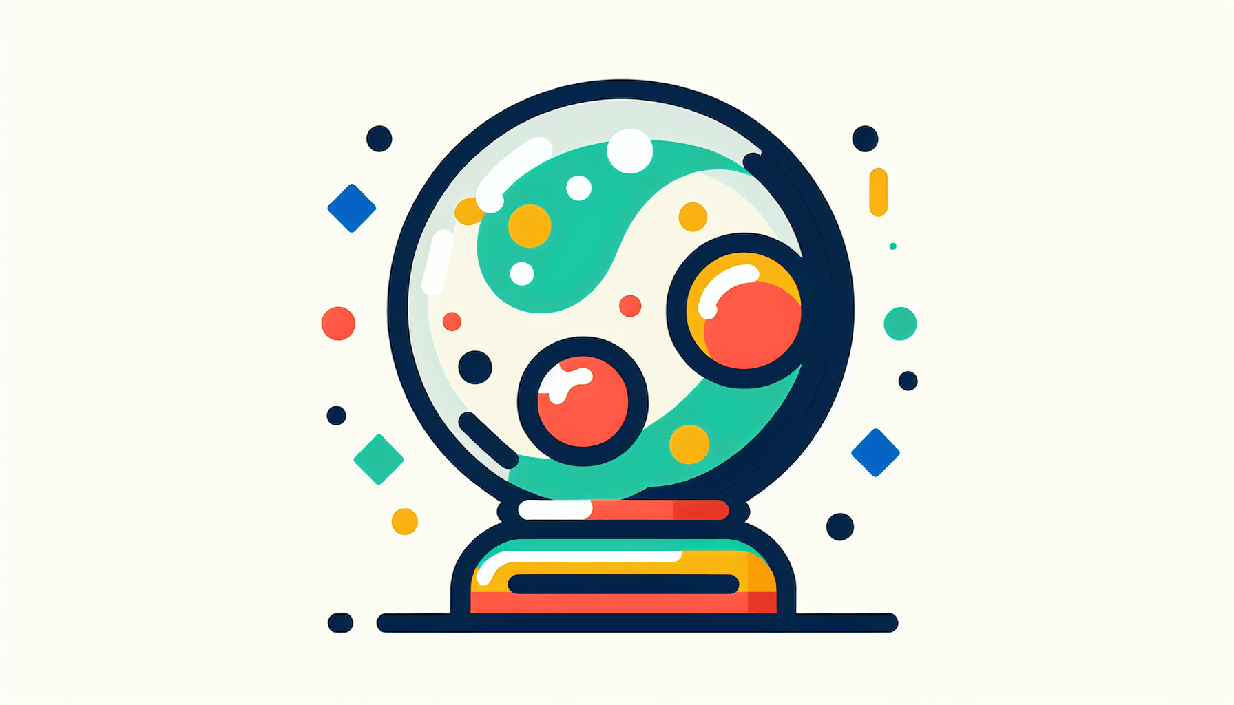 Crystal ball in flat illustration style and white background, red #f47574, green #88c7a8, yellow #fcc44b, and blue #645bc8 colors.