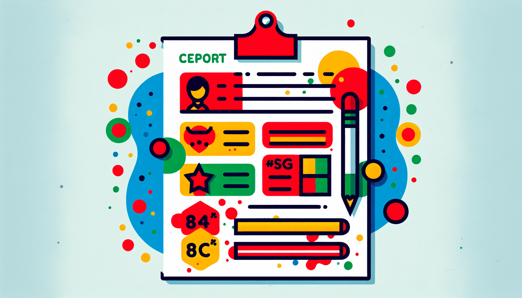 Report card in flat illustration style and white background, red #f47574, green #88c7a8, yellow #fcc44b, and blue #645bc8 colors.