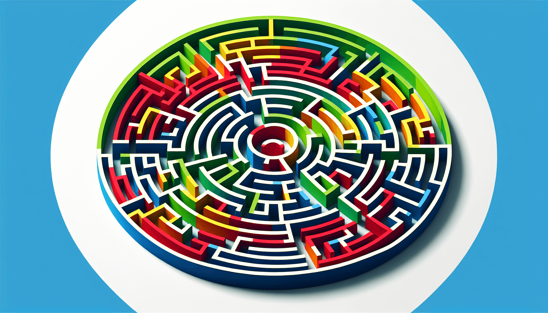 Labyrinth in flat illustration style and white background, red #f47574, green #88c7a8, yellow #fcc44b, and blue #645bc8 colors.