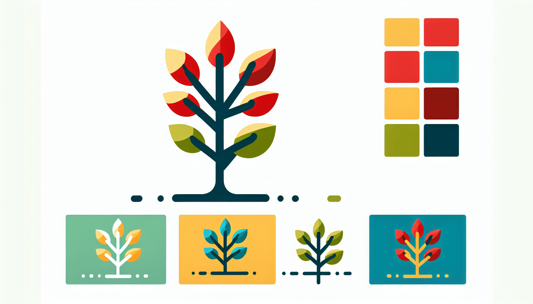 Sapling in flat illustration style and white background, red #f47574, green #88c7a8, yellow #fcc44b, and blue #645bc8 colors.